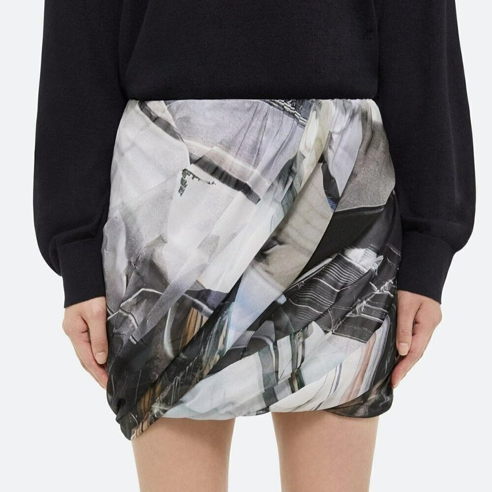 Helmut Lang Women's Silk Bubble Skirt Silver Car Print Size XS (MSRP $395)